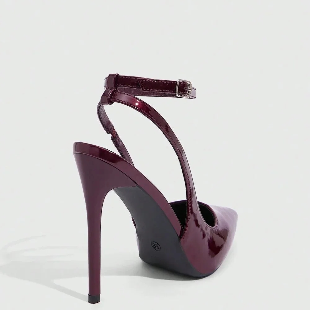 Burgundy Sexy Women's Pointed Toe Stiletto High Heel Ankle Strap Backless Pumps - Picture 9 of 10